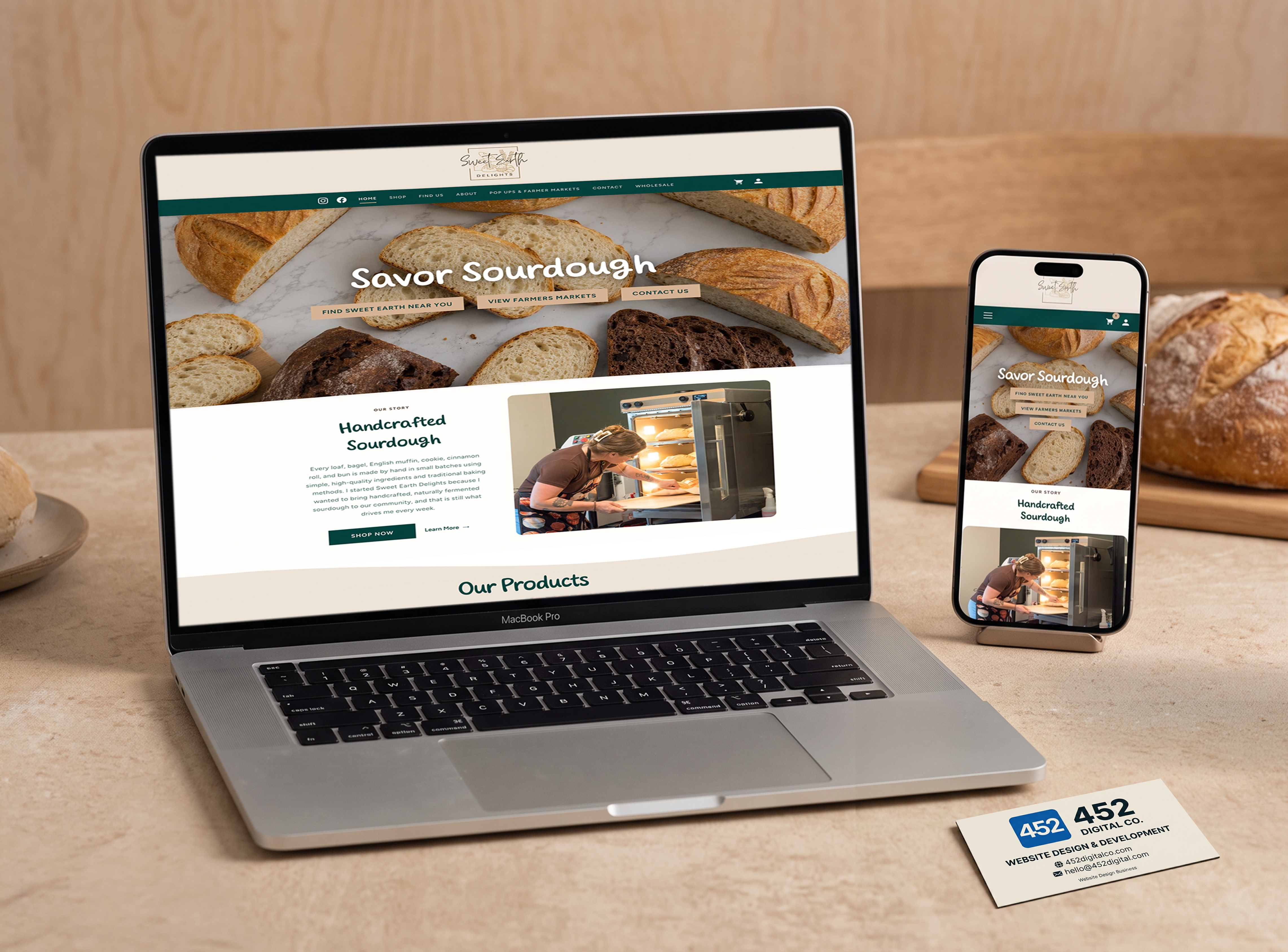 Sweet Earth Delights Omaha bakery WordPress WooCommerce eCommerce website on laptop and phone, designed by 452 Digital Co.