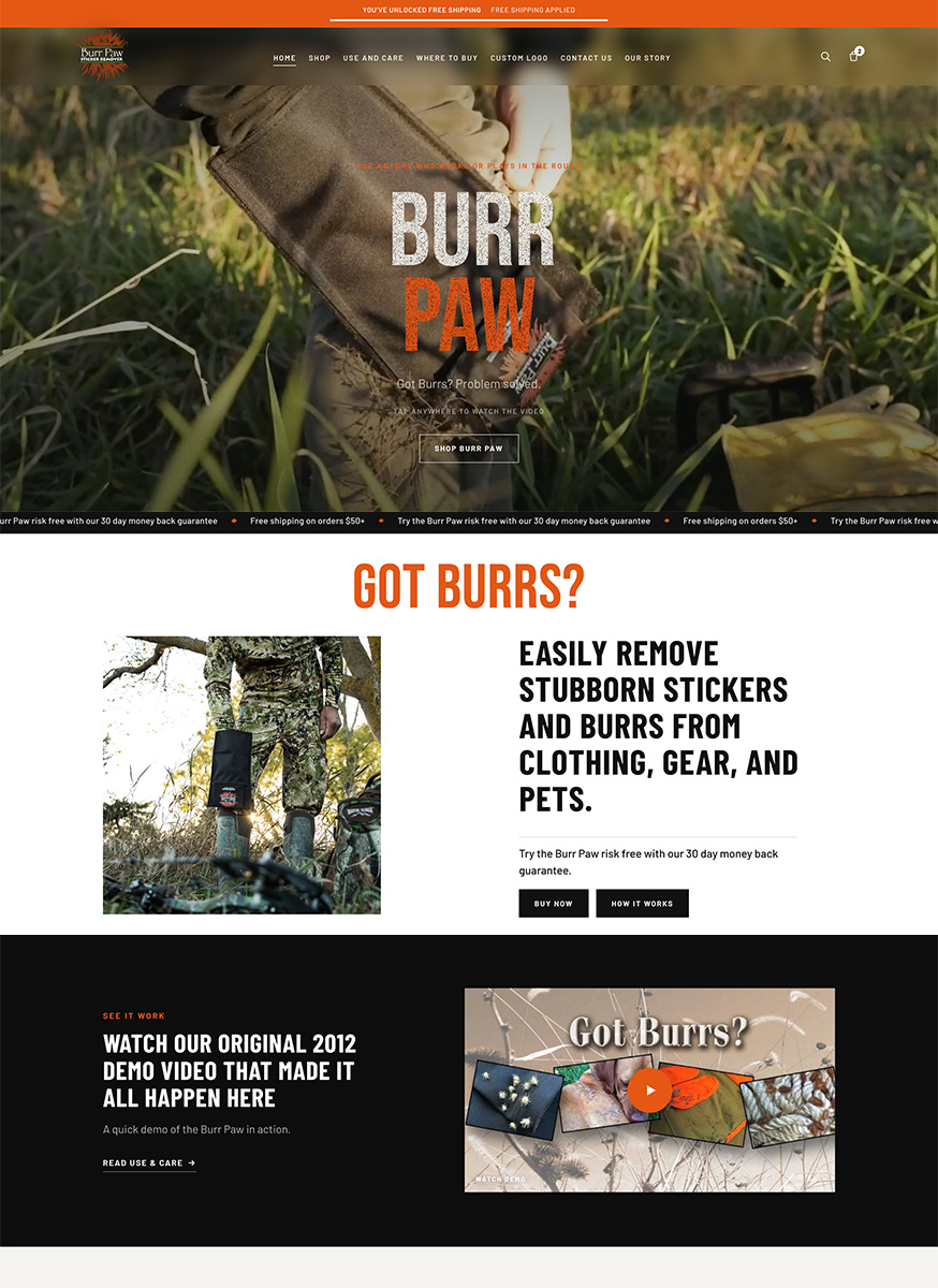 Burr Paw Shopify website homepage