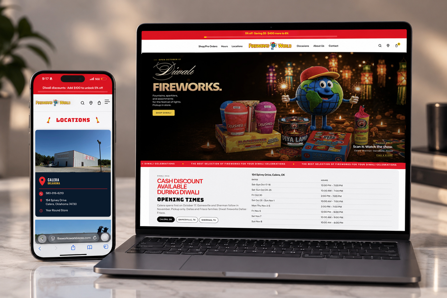 Fireworks World ecommerce store on desktop and mobile