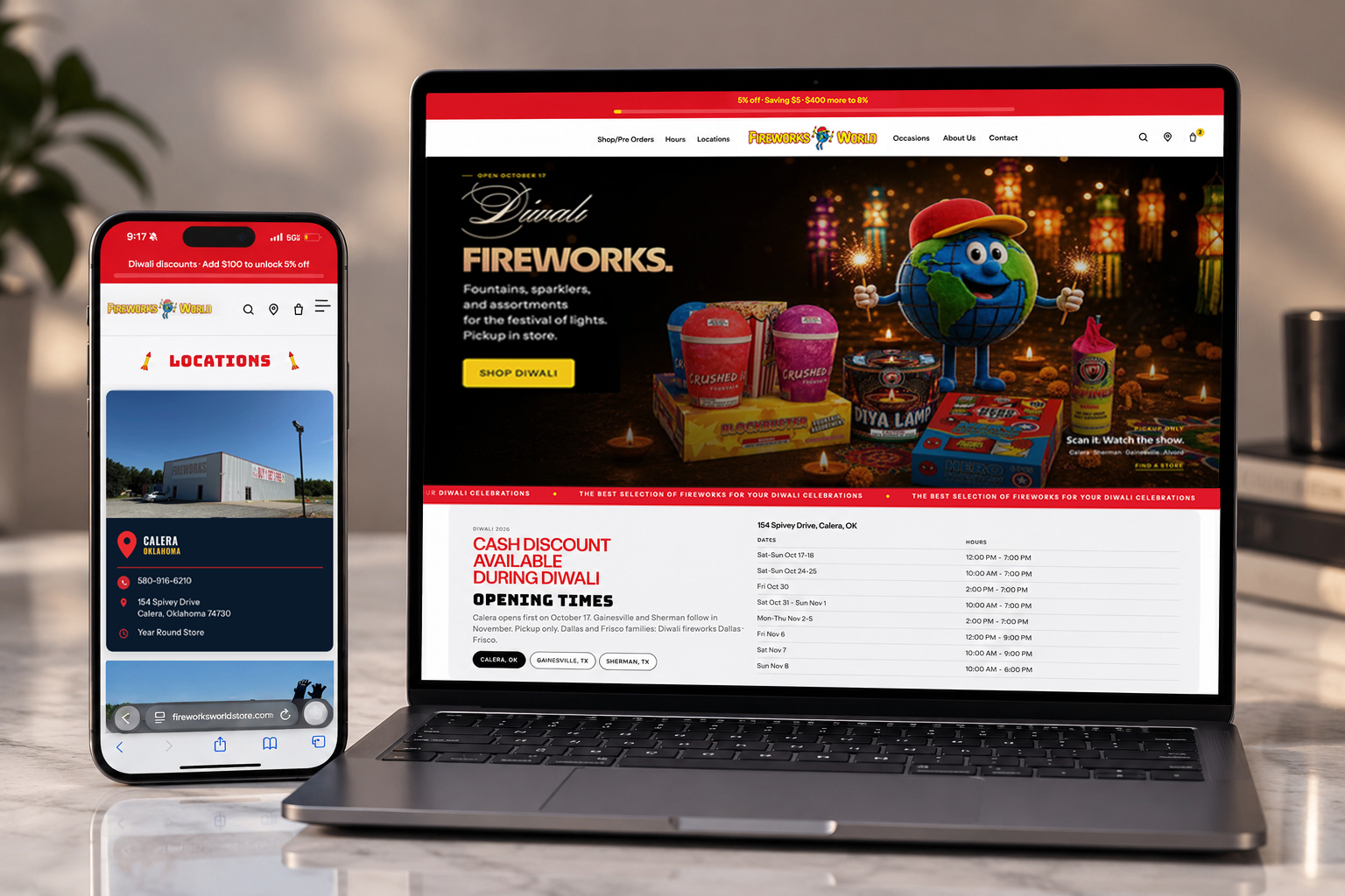 Fireworks World website on laptop and phone