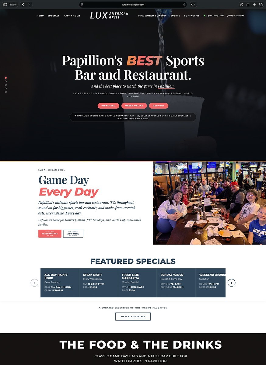 Lux American Grill website in Omaha by 452 Digital Co.