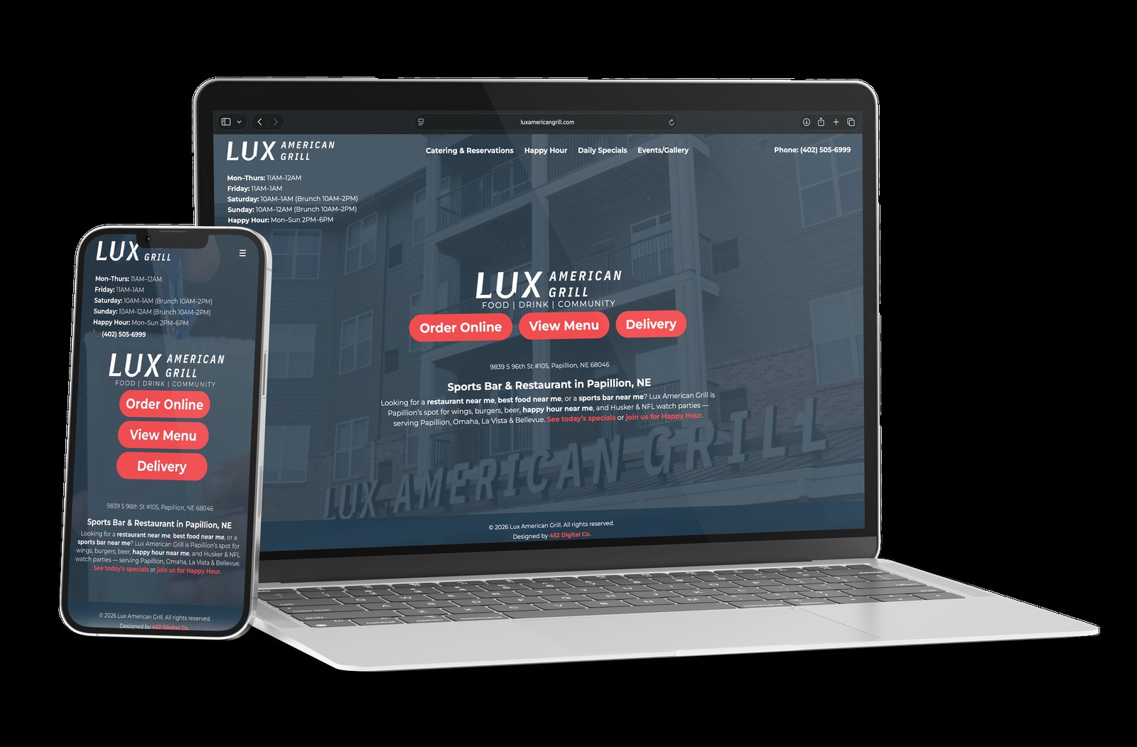 Lux American Grill website on phone and computer